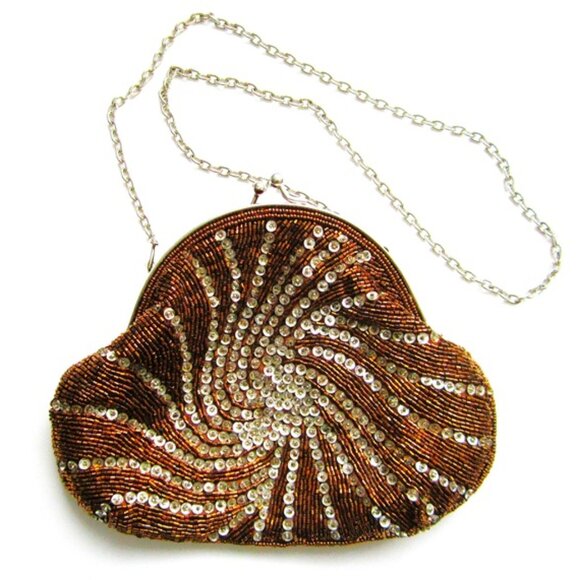Evening Bag Copper Sequins Sliver Change Shoulder Strap - Picture 1 of 3
